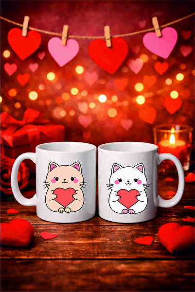 Eshimo Romantic Cat Figured Double Best Friends & Lover Mug Set - Gift Full o...