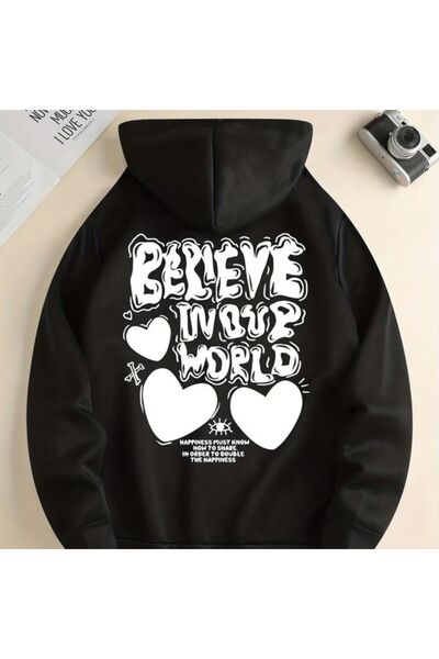 COZYWEAR سويت شيرت أسود كبير الحجم للجنسين مع قلنسوة، مطبوع بجودة عالية، مريح...