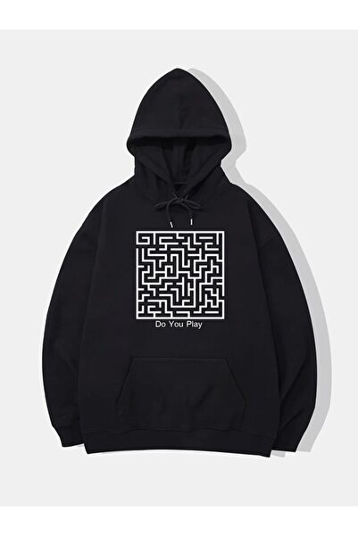 COZYWEAR سويت شيرت أسود كبير الحجم للجنسين مع قلنسوة، مطبوع بجودة عالية، مريح...