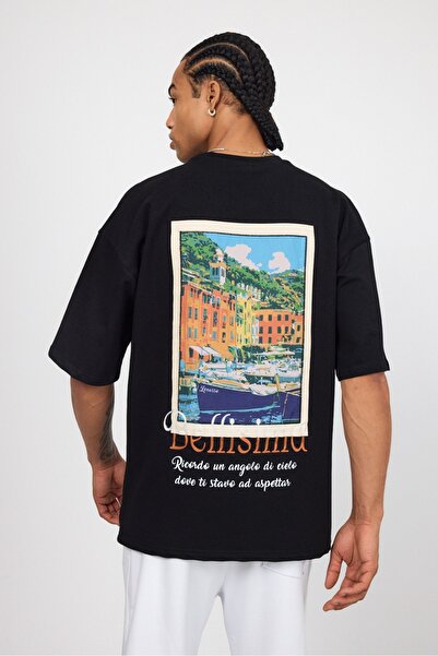 MADZEYMODA Men's Oversize Back Printed Crew Neck Black T-Shirt Ls-36088