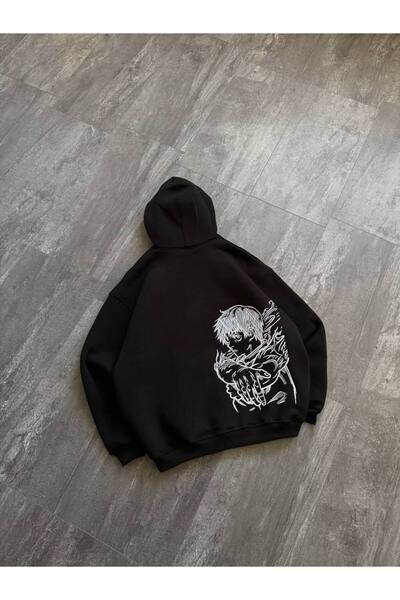 COZYWEAR سويت شيرت أسود كبير الحجم للجنسين مع قلنسوة، مطبوع بجودة عالية، مريح...