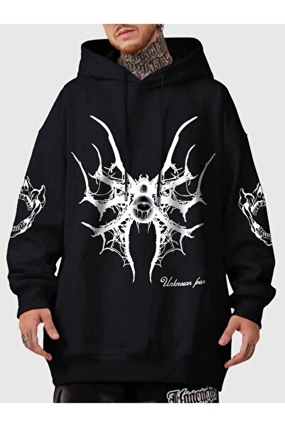 COZYWEAR سويت شيرت أسود كبير الحجم للجنسين مع قلنسوة، مطبوع بجودة عالية، مريح...