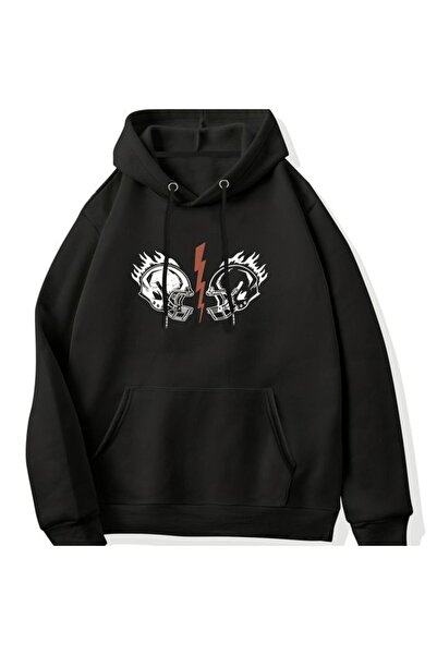 COZYWEAR سويت شيرت أسود كبير الحجم للجنسين مع قلنسوة، مطبوع بجودة عالية، مريح...
