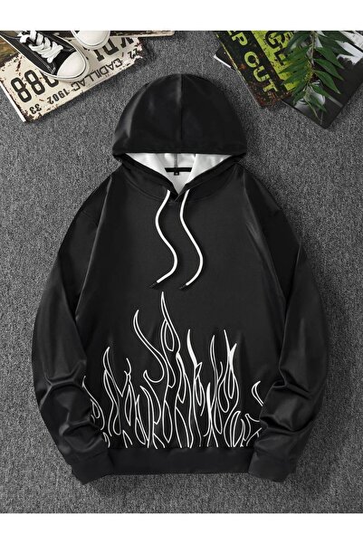 COZYWEAR سويت شيرت أسود كبير الحجم للجنسين مع قلنسوة، مطبوع بجودة عالية، مريح...