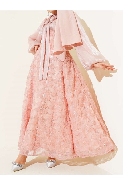 Burcia Balloon Sleeve Sequined Floral Evening Dress