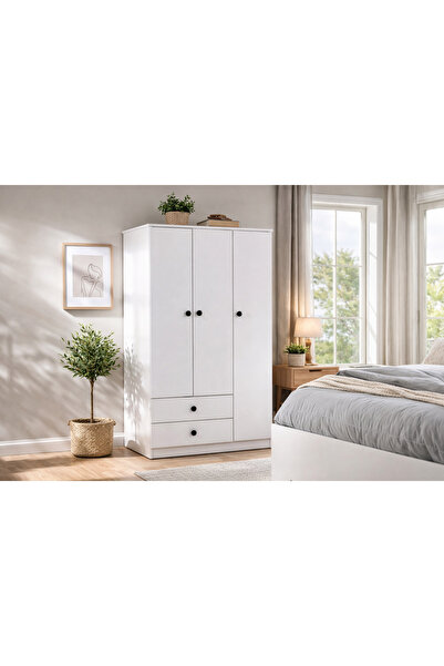 bomobi 3 Kapaklı 2 Çekmeceli Dolap Beyaz (Y:170cm,D:45,G:90cm)