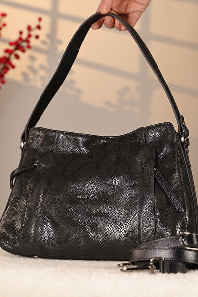 Aksesuarlia Black Embroidered Genuine Leather Bag - Shoulder Strap and Handbag