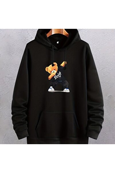 COZYWEAR سويت شيرت أسود كبير الحجم للجنسين مع قلنسوة، مطبوع بجودة عالية، مريح...