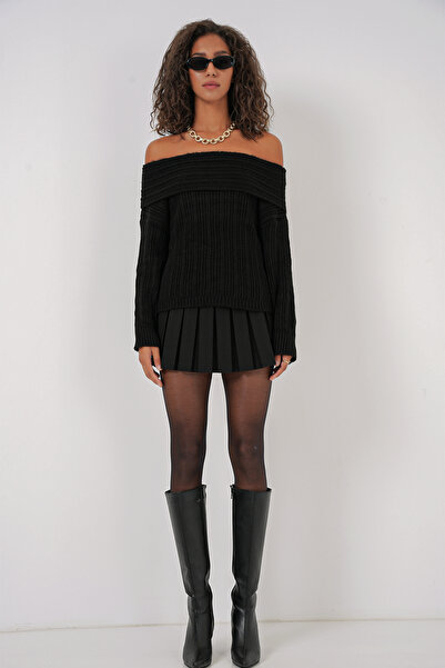 Modamorfo 15908 Women's Open Shoulder Oversize Knitwear Sweater - Black