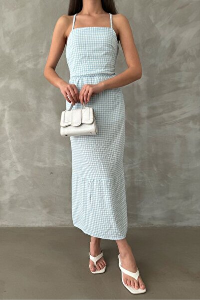 Caddebostan Moda Gingham Patterned Long Dress with Thin Straps and Back Detail