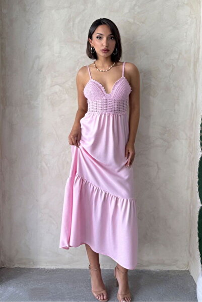 VERYMODA Linen Strap V-Neck Long Dress - Pink |   Vmd2328