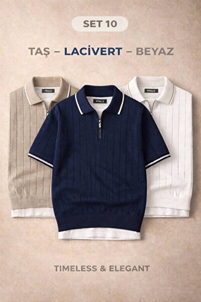 oneoff Men's 3-Pack Polo Collar Knitwear Textured Half-Zip Regular Cotton Col...