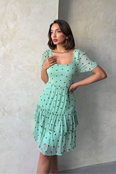 Caddebostan Moda Square Neck Floral Hem Ruffle Short Sleeve Tulle Dress