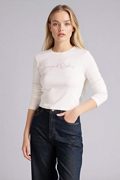 DeFacto Fitted Crew Neck Embroidery Print Printed Ribbed Long Sleeve T-Shirt ...