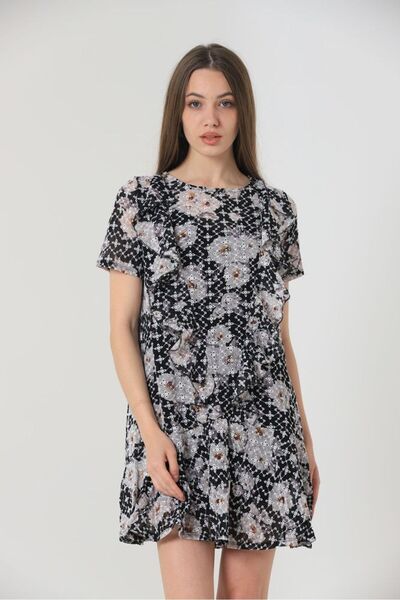 Caddebostan Moda Floral Print Ruffle Detail Short Sleeve Mini Chiffon Dress