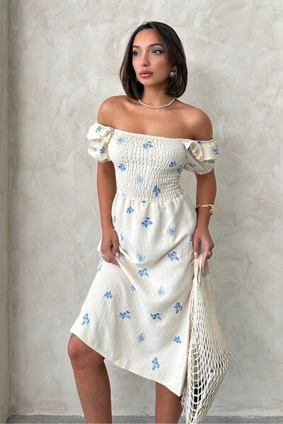 Caddebostan Moda Rochie de vară cu guler pătrat, cu detalii Gipe, cu imprimeu...