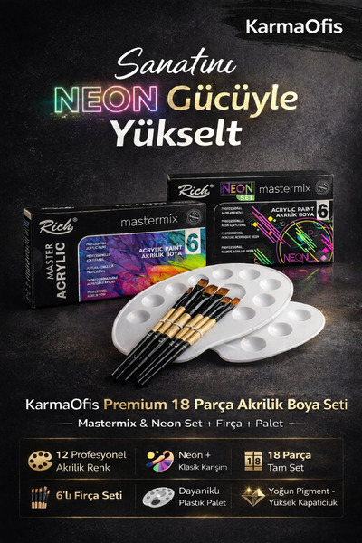 KarmaOfis 18 Parça Akrilik Boya Seti (12 Renk + 6 Fırça + Palet) Profesyonel ...