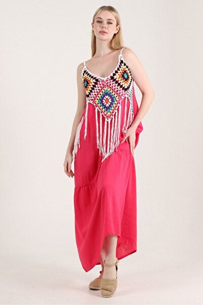 Caddebostan Moda Bohemian Style Crochet Detailed Fringed Strap Long Beach Dress