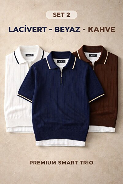 oneoff Men's 3-Pack Polo Collar Knitwear Textured Half-Zip Regular Cotton Col...