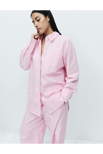 Marks & Spencer Saf Pamuklu Çizgili Poplin Pijama Üstü