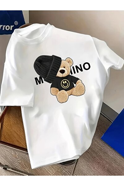 Massgai Unisex Smile Bear Printed Oversize 100% Cotton T-Shirt