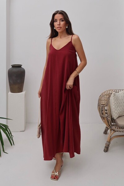 bacc Burgundy V-Neck Strap Long Lined Loose Dress