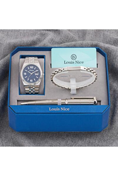 Louis Nice طقم هدايا متكامل! ساعة رجالية فضية اللون + سوار + قلم