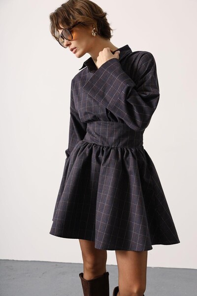 bacc Navy Blue Shirt Collar Wide Cuff Tie Detail Mini Woven Dress