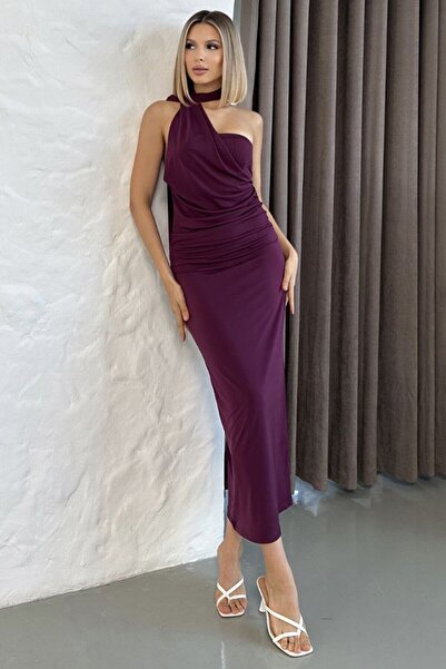 bacc Plum Draped Out Cut Cutout Tie-Up Long Dress