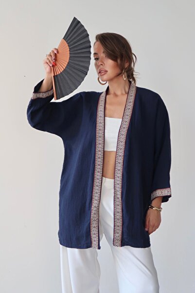 bacc Navy Blue Embroidered Detailed Linen Kimono