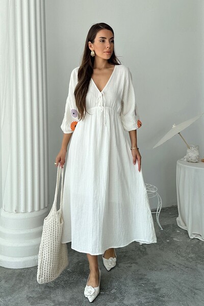 bacc Women's White V-Neck Balloon Sleeve Lace-Up Lined Long Dress Bcru-261299