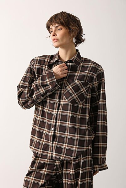 bacc Coffee Black Plaid Oversized Shirt with Snap Closure