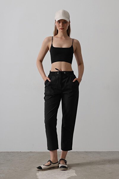 bacc Black Double Pocket Trousers with Elastic Waist and Tie Detail