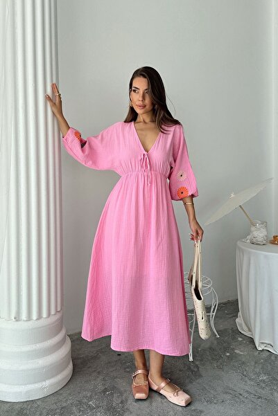 bacc Pink V-Neck Balloon Sleeve Lace-Up Lined Long Dress