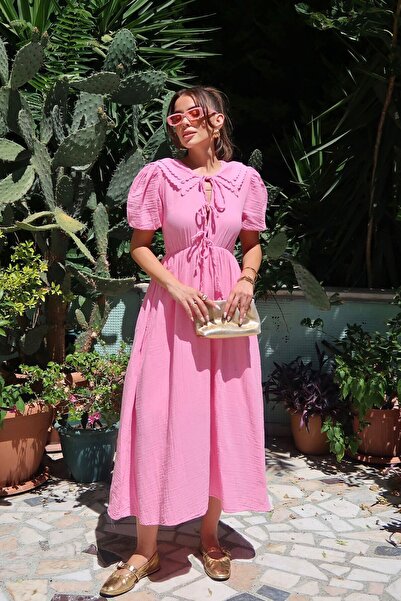 bacc Pink Baby Collar Tied Lined Long Muslin Dress