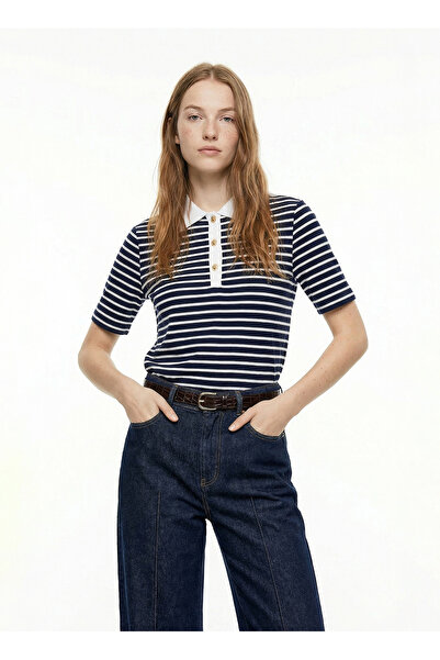 Fabrika Çizgili Lacivert - Beyaz Kadın Polo T-Shirt