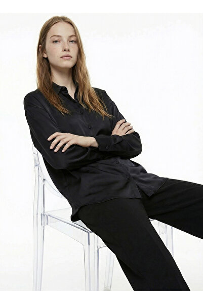Fabrika Loose Fit Gömlek Yaka Düz Siyah Kadın Gömlek F6SL-GML0194