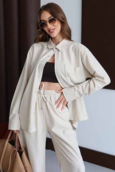 bacc Cream Oversize Buttoned Pocketed Relaxed Fit Textured Long Sleeve Shirt