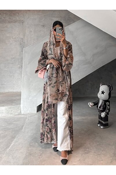 Noon Noora Pleated Cardigan Printed Abaya Jacket with Hijab