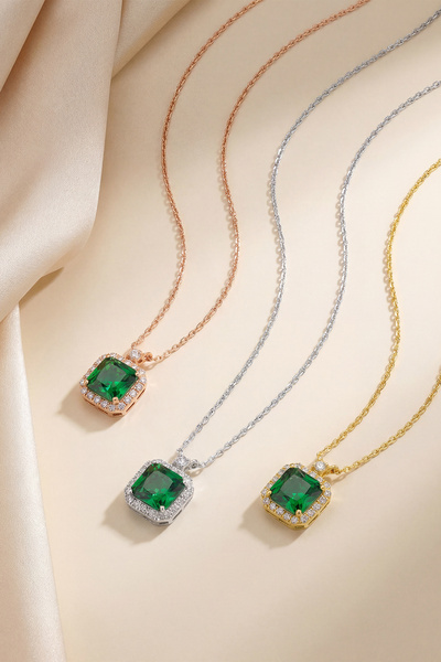 eva'sjewellery diamond 925 Ayar Gümüş Prenses Kesim Zümrüt Kolye – Zirkon Taş...