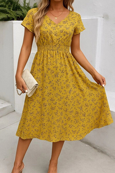 nedo7 Women Short Sleeve Double Breasted Lapel Elastic Waist Floral Print Dress