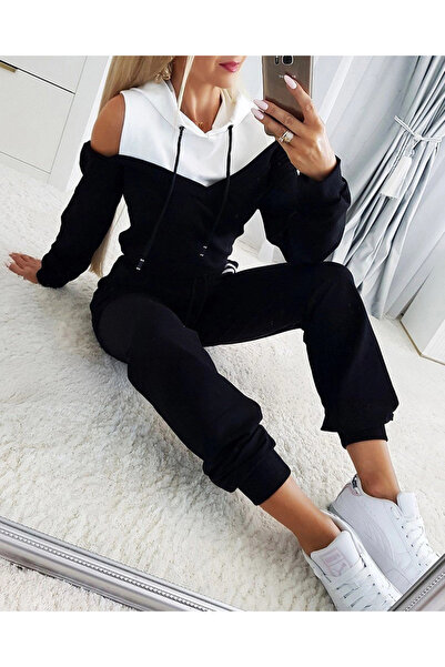 nedo7 Women's Long Sleeve Off-The-Shoulder Hooded Lace-Up Double Color Viscos...