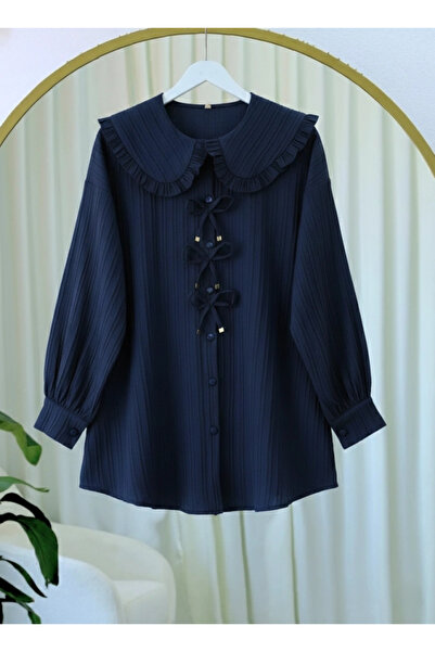 nedo7 Buttoned Shirt with Ribbon Detail on the Front - Navy