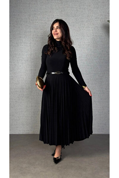 nedo7 Women's Long Sleeve Turtleneck Beltless Pleated Long Sandy Dress