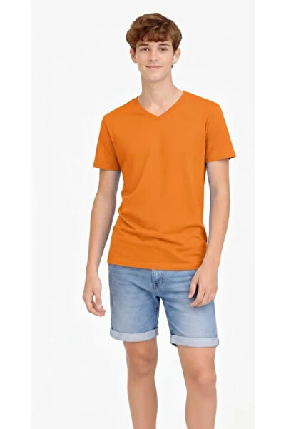 nedo7 Young Boy's V-Neck T-Shirt Summer Model Daily Basic Body - Orange