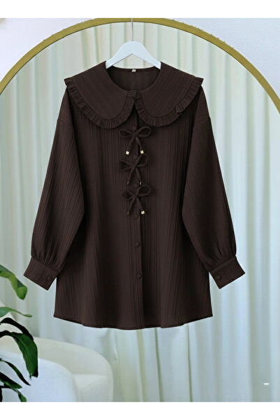 nedo7 Buttoned Shirt with Ribbon Detail on the Front - Brown