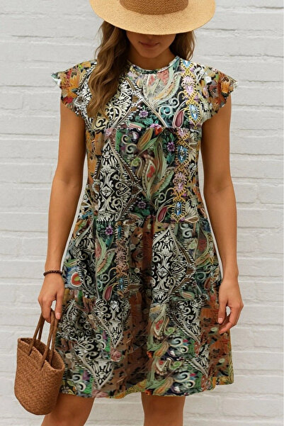 nedo7 Women's Short Sleeve Flared Sleeves Square Print Dress with Ruffled Nec...