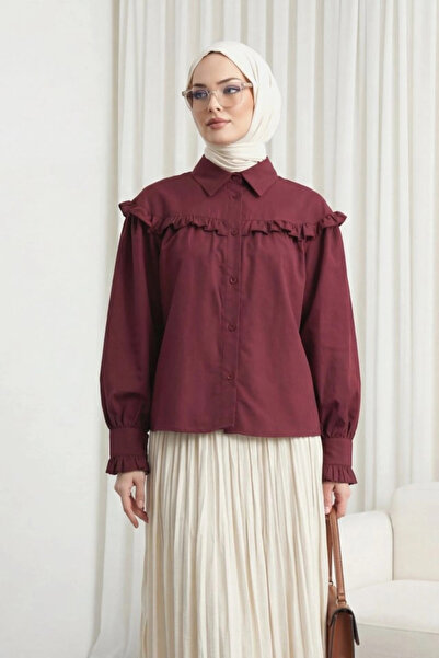 nedo7 Ruffle Detailed Buttoned Short Shirt - Burgundy