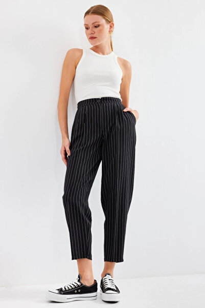 nedo7 6637 High Waist Striped Fabric Pants - Black