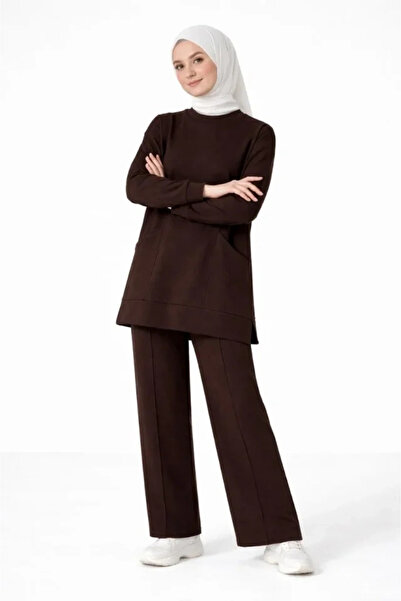 nedo7 Osy Modal Soft Textured Fabric Hijab Tunic Pants Set with Pockets - Brown